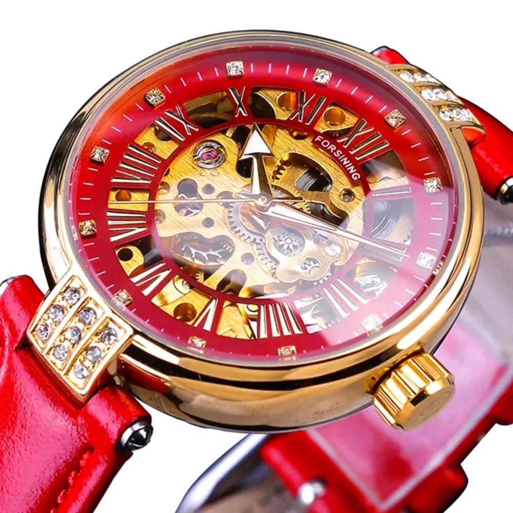 Forsining Womens Automatic Transparent Skeleton RED Leather Band Ladies Watch